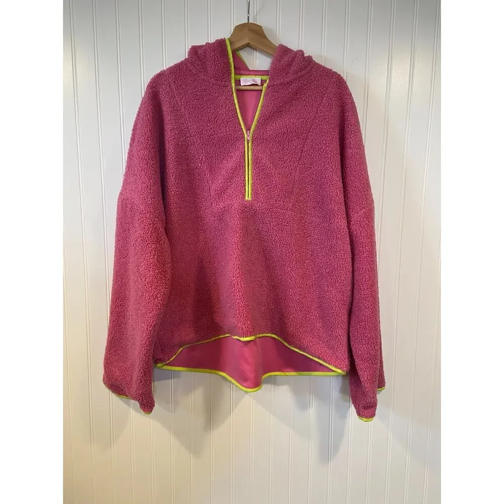 Pink Lily Sherpa Sweatshirt Women's XL Pink / Green Sherpa Quarter-Button - Picture 2 of 5